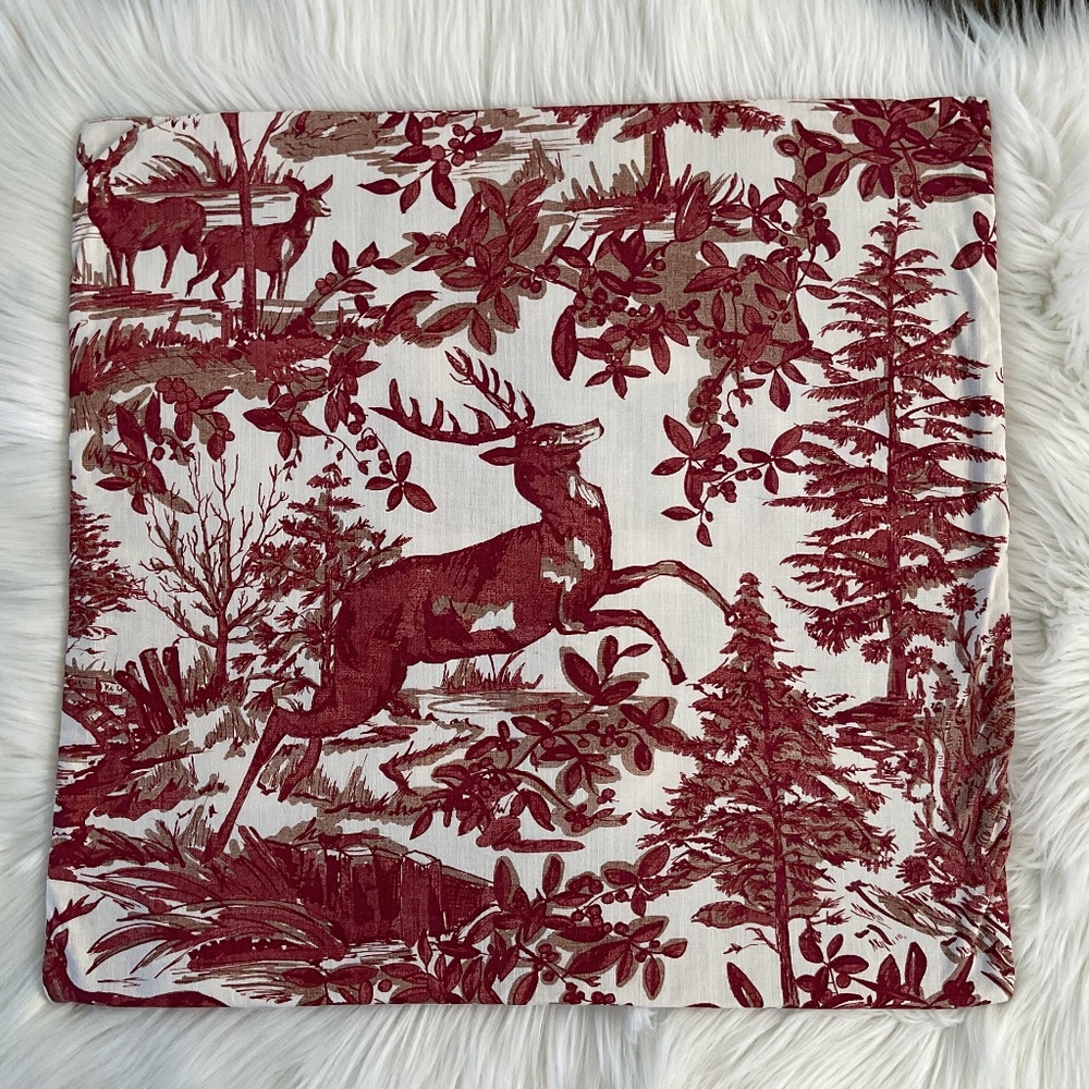 Pottery Barn Red Alpine Toile Stag Deer Reversible Plaid Pillow Cover Winter 24”